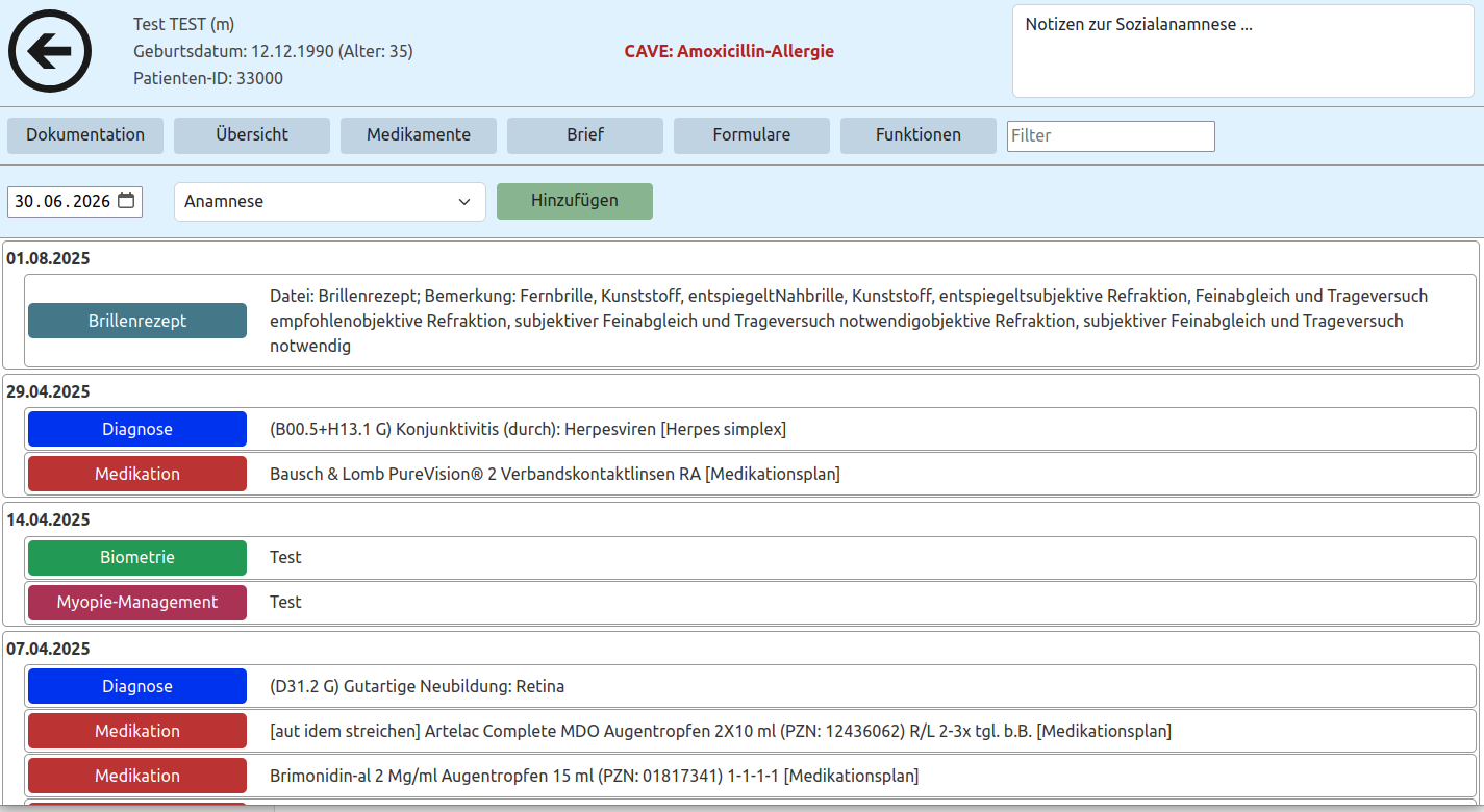 Interface mit dem Behandlungsverlauf eines Test-Patienten